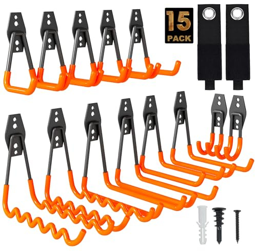 TECHSHARE Garage Hooks, 15 Pack Heavy Duty Hooks, 5 Sizes Shed Hooks for Garden Tools, Ladder Hanging, Garage Storage(Orange Wall Hook)