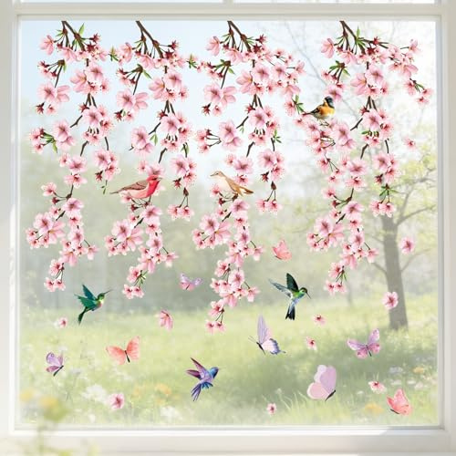 MINGBOLIN Fönsterbilder vår, 2 stycken rosa körsbärsblomma fjäril fönsterklistermärken blommor fönsterbilder fjäril väggtatuering blommor fåglar fönsterklistermärken, för fönsterdekoration, glasdörrar