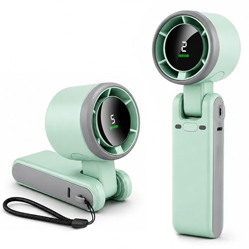 EcoNour Portable Handheld Fan - 5 Gear High Speed Rechargeable Fan - Green | 4000mAh Rechargeable Mini Personal Hand Fan Blow Cold Air, Battery Operated Travel Essentials, for Women, Men