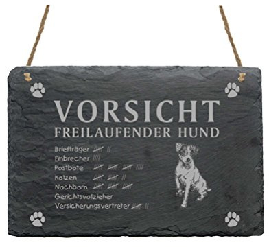 Schild Schiefer Spruch Jack Russel Terrier Vorsicht Freilaufender Hund 22 x 16 cm