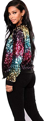 Cray Girls Womens Ladies Sequin Bomber Jacket Zip Up Stylish Party Bling Baseball Biker Coat Outwear UK 8-18 (16-18, Rainbow)