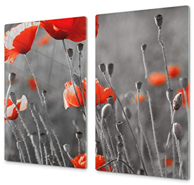 Planche de cuisine en VERRE trempé – Planche à découper en verre – Couvre-plaques de cuisson – UNE PIÈCE (60x52 cm) ou DEUX PIÈCES (30x52 cm chacune) ;D06 Série Fleurs : Coquelicots 1