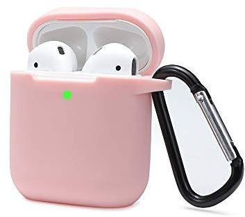 KOKOKA Silikonhülle zum Aufhängen, kompatibel mit AirPods 2 & 1, Schutzhülle für AirPods, Airpods Case Cover LED vorne sichtbar Karabiner Schlüsselanhänger, Rosa