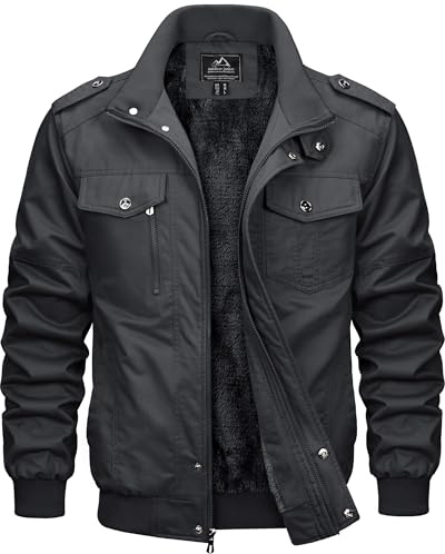 MAGCOMSEN Giacca invernale da uomo in pile caldo giacca bomber militare da lavoro casual giacca a vento cappotto con tasche multiple, Grigio scuro, S