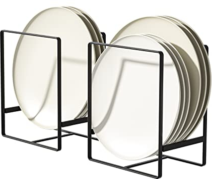 Hikinlichi 2 Pack Plate Organisers Holders Cabinet Dish Drying Racks Metal Upright Plate Dish Organizers Racks Stands for Countertop and Cupboard Black