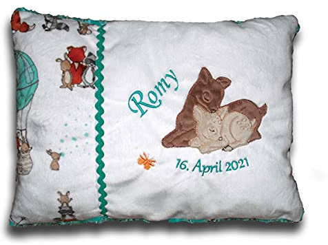 Besticktes Babykissen mit Rehe-Applikation und Namen | Plüsch Polyester, waschbar, allergikergeeignet, Schmusekissen, 30x40 cm