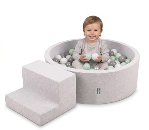 KiddyMoon Skumlekplats för barn med runt bollhav (200 bollar). Hinderbana, ljusgrå: vit / grå / mint