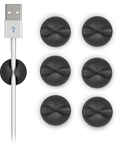 6UD | Sujetacables organizador de cables de escritorio | Clip sujeta cables de silicona con adhesivo para oficina (Medio, Negro antracita)