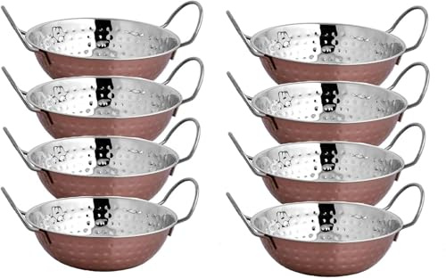 EVOKK Set of 8 Indian Copper Balti Dishes 17cm Traditional Curry Bowls with Handles Handcrafted Copper Pots for Indian Food & Restaurant Serving
