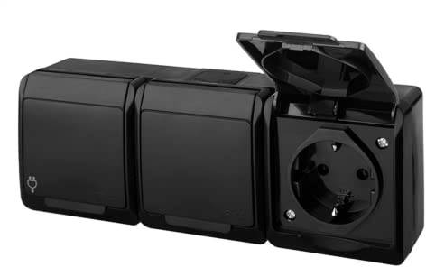 asvendo elektro HERMES moderne Aufputz-Serie/Lichtschalter/Doppelschalter/Steckdose mehrfach / IP44 Wassergeschützt/Außenbereich/Schwarz (3-fach Steckdose)