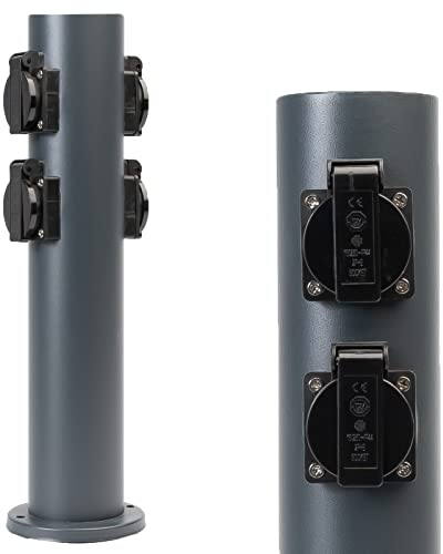 Grafner Edelstahl Design Gartensteckdose mit 4 Steckdosen, 3600 Watt, IP44, rund, anthrazit, KEIN ROST – Pulver-Beschichtung, Energiesäule Metall Mehrfach Außen Steckdose Säule 4-Fach schwarz lackiert