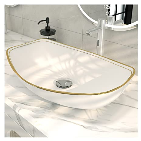 MEJE 56 x 40 CM LUXURY GOLD Rand Ovales Gefäß, Waschbecken über der Theke, Porzellan-Keramikgefäß, Waschbecken, Kunstbecken