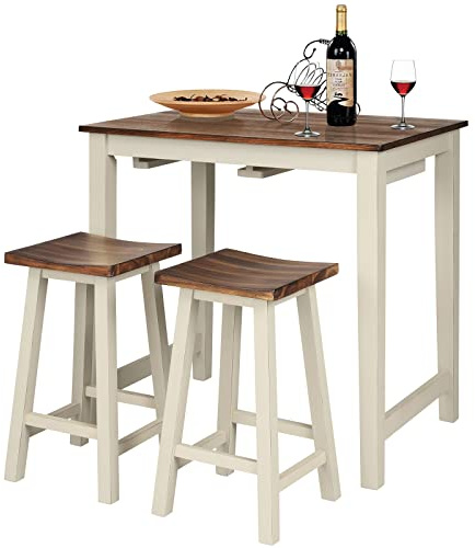 COSTWAY 3 Pieces Dining Set, Counter Height Pub Table Set with 2 Saddle Stools, Industrial Wood Breakfast Table Set for Bar, Kitchen, Living Room, Restaurant