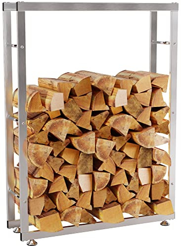 CLP Kaminholzständer Keri V2 Edelstahl I Brennholzregal Mit Bodenschonern, Farbe:Edelstahl, Größe:25x80x150 cm