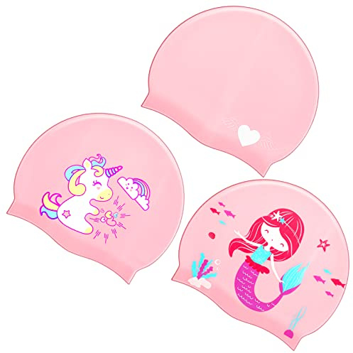 3 Pieces Kids Swim Caps Toddlers Swimming Caps Silicone Swim Cap for Boys Girls (Age 4-12) Baby Waterproof Cartoon Bathing Hats for Long and Short Hair (Girl Style)