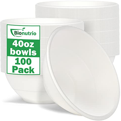 Bionutrio 40oz Bowls Disposable Heavy Duty, 100 Pack Biodegradable Paper | Eco-friendly Compostable, Sturdy, Microwavable Safe For Soup, Salad, Ice Cream, Dessert, Cereal, Party Serving