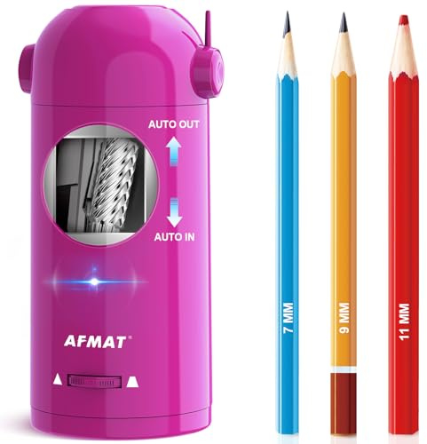 AFMAT Electric Pencil Sharpener, Fully Automatic Pencil Sharpener for Classroom, 7-11.5mm Colored/Jumbo Pencils, Auto in & Out, Rechargeable Hands-Free Sharpener for Home Office PSX5, Pink