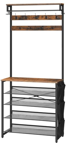 HOOBRO Garderobenständer mit Schuhablage, Schuhregal mit Garderobe, Kleiderständer mit 5 Ebenen Schuhablage, Garderobe mit Schuhschrank, Verstellbares Metallgitterregal, Vintagebraun EBF75MT01