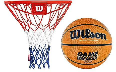 Wilson Basketballkorb Set mit Basketball - NBA Design Ring Ø 45cm | Wandmontage Basketballring aus Stahl inklusive wetterfestem Netz für Outdoor & Indoor, kompatibel mit NBA Bällen