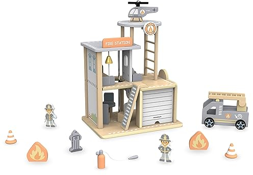 mamabrum Holz-Feuerwache Spielset MAM72 - Feuerwache mit Hubschrauberlandeplatz, Feuerwehrauto, Hubschrauber, 2 Figuren & Zubehör - Kinderspielzeug ab 3 Jahren