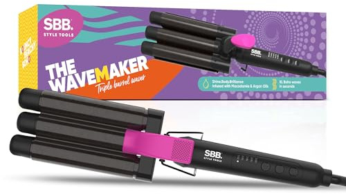 SBB The Wavemaker Rizador de Pelo de Tres Barriles - Waver de Cerámica para Ondas de Playa, Estilizador para Ondas Profundas de Sirena en Cabello Corto, Medio y Largo - Guante Resistente al Calor