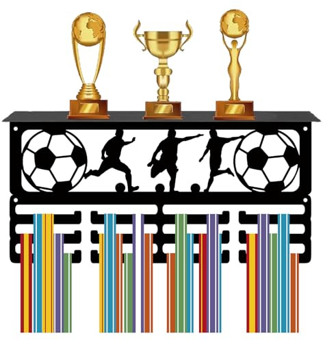 CREATCABIN Fußball-Medaillen-Aufhänger,Trophäenregal,Schwarz,40x20cm | Metall-Medaillen-Trophäen-Präsentationsständer Mit 12 Haken,Rahmen,Medaillenband-Ausstellungsaufhänger Für Laufauszeichnungen