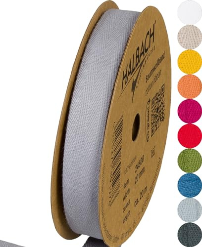 Halbach Baumwollband, 20 mm x 20 m, grau | Webband aus 100 % Baumwolle, Meterware zum Basteln, Dekorieren und Nähen