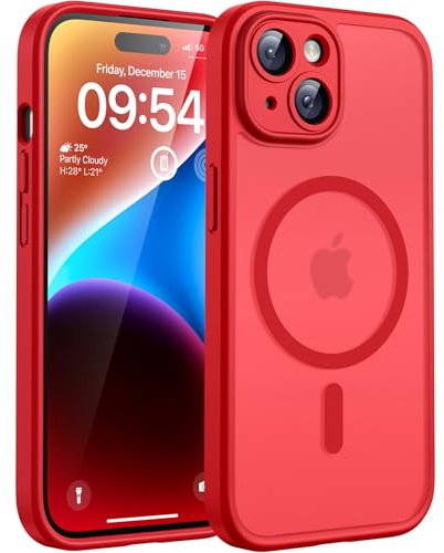 TOCOL für iPhone 14 Hülle, Kompatibel mit MagSafe, Matt Rot | Eingebauter Magnetring, Vollständiger Kameraschutz, Militärschutz Stoßfest Kratzfest Haltbarkeit, Durchscheinend Rückseite