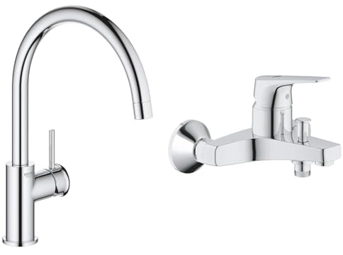 GROHE Robinet de cuisine évier Start, bec haut, rotation bec 360°, robinet & Mitigeur monocommande Bain Douche Start Flow, robinet à montage mural, raccord fileté pour flexible en 1/2