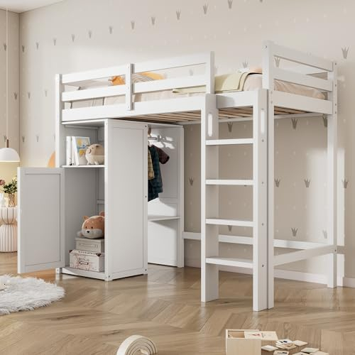 Moimhear Kinderbett Hochbett mit Kleiderschrank und Regalen Kinderbett mit Lattenrost und Rausfallschutz Einzelbett Liegefläche 90x200 cm -108x206x150cm(BxLxH) Weiß