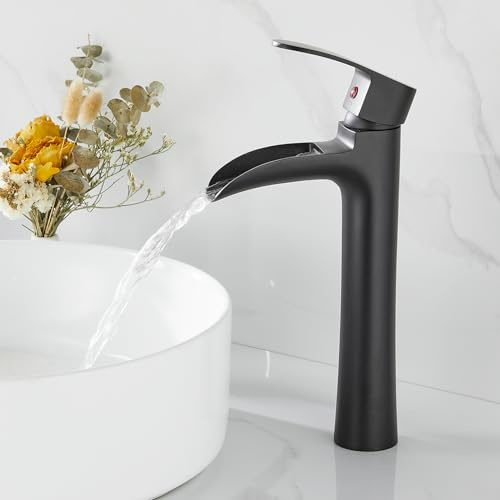 Waterfall Bathroom Basin Mixer Tap, Tall Bathroom Tap for Counter Top Basin | High Rise Bathroom Sink Tap, Monobloc Hot & Cold Faucet, Retro Style Mixer with Flexible Tails, Solid Brass, Matte Black