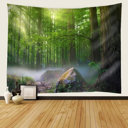 Mesnt Wandteppich Wald Klein, Baumlandschaft mit Sonnenschein Tapisserie Dekoration für Schlafzimmer Wohnzimmer, 150x150cm