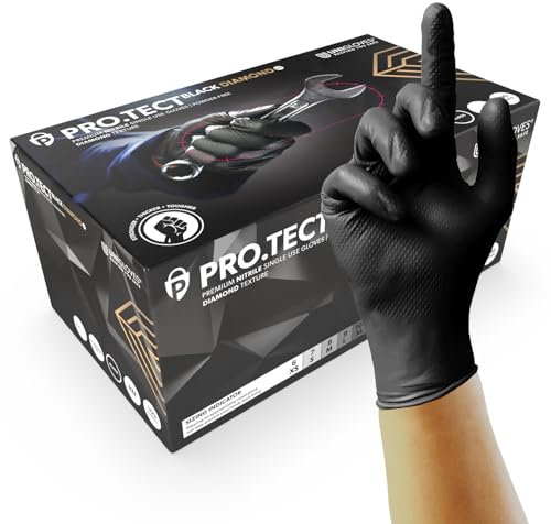 UNIGLOVES PRO.TECT Black Diamond HD, Nitrile Disposable Gloves, Beaded Cuff, Diamond Textured, Extra Strong and Maximum Protection, Touchscreen, Box of 100, Size M