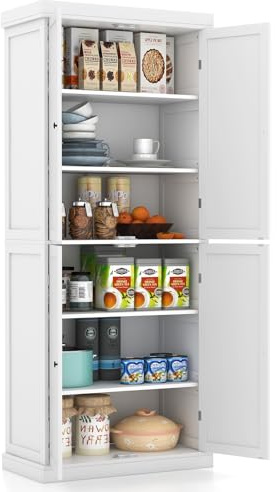 GYMAX Mobile Dispensa a 4 Ante, Credenza da Cucina Alta con 5 Ripiani, Mobile Credenza con 2 Ripiani Regolabili, Mobile Alto Multiuso per Sala da Pranzo, Soggiorno, Ufficio, Nero/Bianco