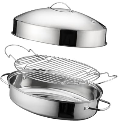 Fish Poacher Roasting Pan 16in with Lid Multiuse Cookware Comfortable Grip Oval Cookware Roaster Potatoes Eggs Coarse Grains, A