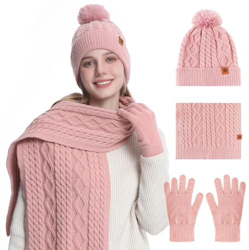 Mütze, Schal & Handschuh-Sets Für Damen 3 In 1, Stricmütze Mit Bommel Damen, Flauschige Und Warme Touchscreen Handschuhe, Strickschal Strickhandschuhe Beanie Wintermütze Wärmer Pudelmütze (Rosa)