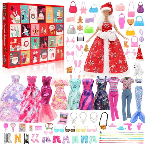 Miunana Puppenkleidung Adventskalender, 57 Moden Puppen Kleidungsstücke und Zubehör Accessoires wie Badeanzug, Kleid, Hut oder Kätzchen als Festliche Überraschungszubehör Urlaub Geschenke für Kinder