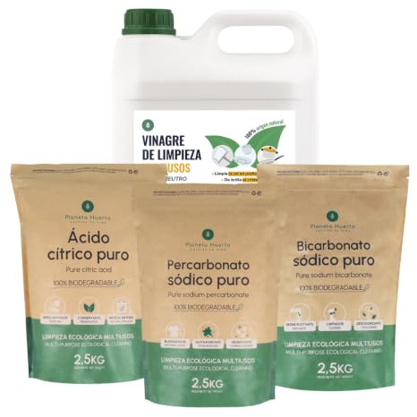 PLANETA HUERTO | Pack Limpieza Hogar, Vinagre Blanco 5L, Bicarbonato Sódico 2,5 Kg, Percarbonato Sódico 2,5 Kg y Ácido Cítrico 2,5 Kg - Pack Limpieza con Productos Ecológicos y Biodegradables