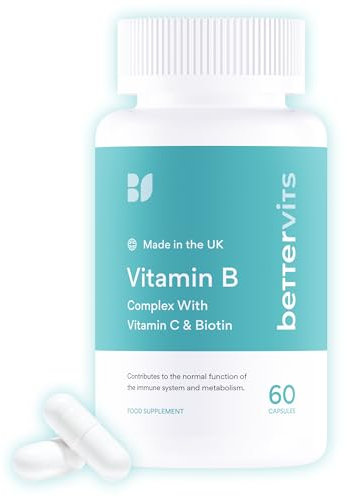 Bettervits Vitamin B-Complex High Strength - Vitamins B1, B2, B3, B5, B6, B12 | Immune Support with Choline, Biotin, Folate, Vitamin C - Daily Energy and Metabolism for Men and Women - 60 Capsules