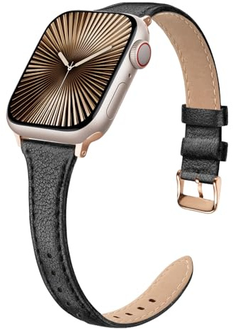 Tuocal Genuine Leather Strap Compatible with Apple Watch 38mm 40mm 41mm 42mm(Series 10) for Women Men, Slim Thin Elegant Narrow Leather Straps Compatible with Apple Watch Series 10 9 8 7 6 5 4 3 2 1