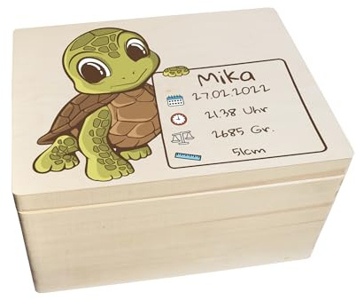 CHICCIE Erinnerungsbox personalisiert für Baby & Kind mit Druck farbig Schildkröte - Geburt Holzkiste für schöne Erinnerungen - Holz-Box Erinnerungskiste 40x30x23cm