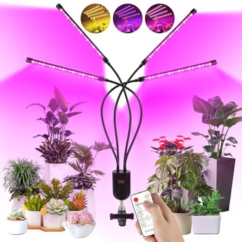 KENNEAS Vollspektrum LED Pflanzenlampe mit LED Display - 4 360° Schwanenhals Clip Wachstumslampe, 80 LEDs Grow Lampe, 3 Modi, 11 Helligkeiten, Timer 3/6/9/12/18H, 12m Fernbedienung, DC Adapter