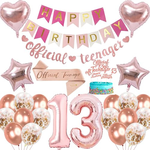 13 geburtstag mädchen teenager decorations-26 Stück Deko fur Mädchen | Roségoldene Deko für Mädchen zum 13 Geburtstag Mit Luftballons Folienballon Tortendeko Perfekt für eine Jubiläumsparty