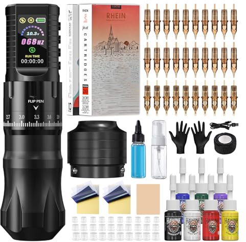 HAWINK Wireless Tattoo Maschine Set mit 1800mAh Akku Normal/Stippling-Modus 7 einstellbare Striche 30PCS Cartridges Nadeln 7 Tattoo Inks for Anfänger und Künstler HW-TK1003EU-1