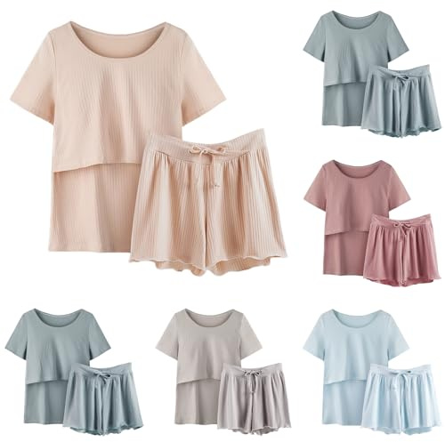 Still Schlafanzug Damen, Stillpyjama Set Damen Kurz Zweiteiliger Still Pyjama Baby Umstands Kurzarm Stillshirt und Shorts Mutterschaft Schlaf Schwangerschaft Stillfunktion Nachtwäsche Hausanzug