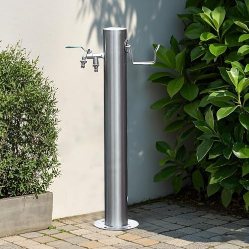 Vertikale, zylindrische Garten-Wassersäule aus Edelstahl für den Außenbereich, bodenmontierter Wasserhahn mit Doppelauslass, dekorativer Wasserspielbrunnen-Wasserspender-Hydrant(Height: 50cm/19.7in)