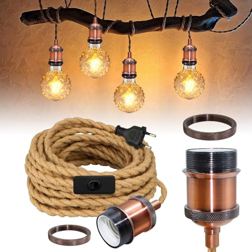 Lampadario corda di canapa cavo 5.1M, portalampada E27 vintage in rame rosso con presa e interruttore, lampada a sospensione in ottone retrò, industriale plafoniera interna, lampadario corda per
