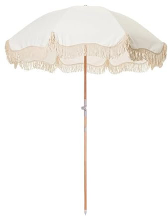 Parasol de Jardin Boho, Protection UV, 180cm Parapluie de Plage Blanc avec Frange et Inclinable pour Extérieur, Terrasse, Piscine, Vacances
