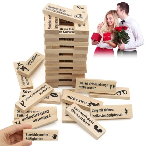 VEGCOO 48 Stück Deutsch Stapelspiel aus Holzblöcken, Holz Block Tower Spiel – Deutsches Turm Stapelspiel Für Paare-Spiel Zum Valentinstag Paarspiele