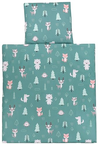 TupTam Wiegenset, Wald/Fuchs/REH/Igel/Bärchen/Grün, 80x80 cm | Baby 4-teilig Unisex Bettwäsche-Set: Bettdecke und Kopfkissen mit Bezug